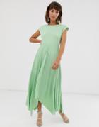Asos Design V Back Midi Dress With Pleated Asymmetric Skirt-green