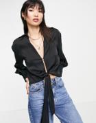 River Island Satin Tie Front Shirt In Black