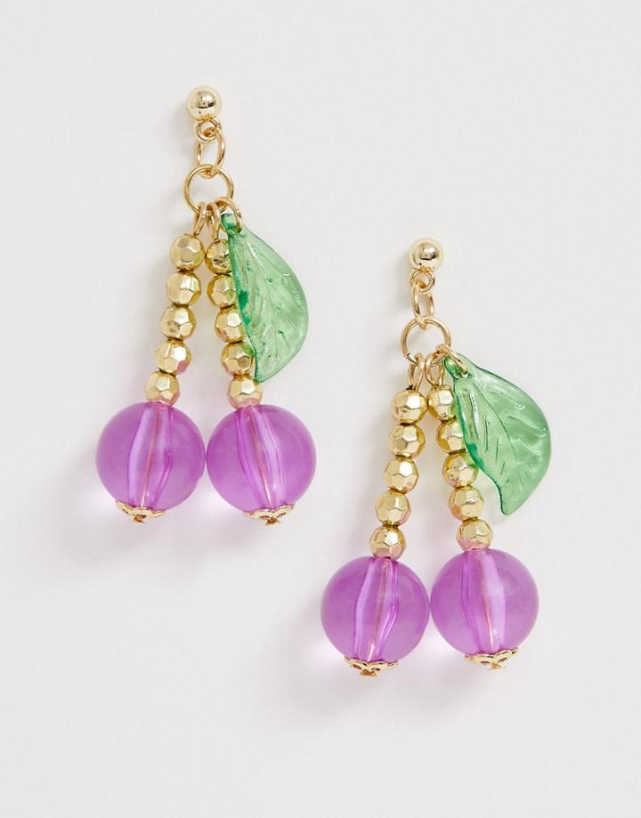 Asos Design Earrings In Resin And Bead Cherry Design In Gold Tone - Gold