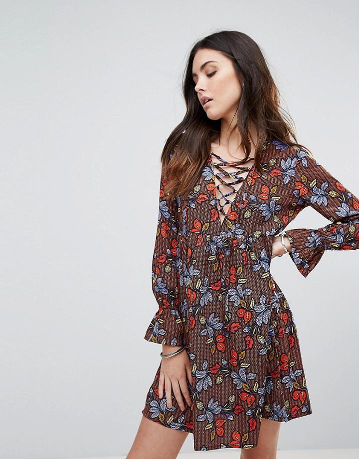 Influence Lace Up Smock Dress - Multi