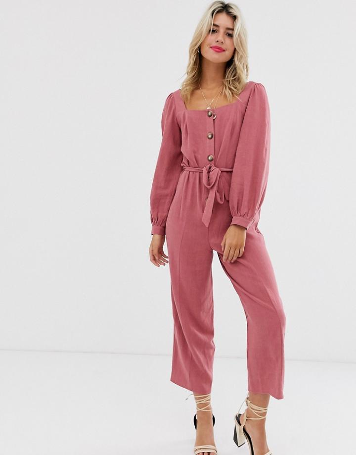 Asos Design Button Front Tie Waist Puff Sleeve Jumpsuit With Long Sleeves-pink