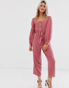 Asos Design Button Front Tie Waist Puff Sleeve Jumpsuit With Long Sleeves-pink