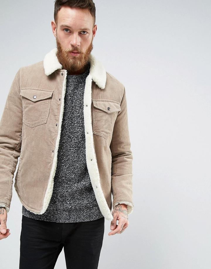 Asos Fully Fleece Lined Cord Jacket In Camel - Beige