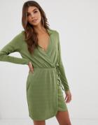 Asos Design Slinky Wrap Mini Dress-green