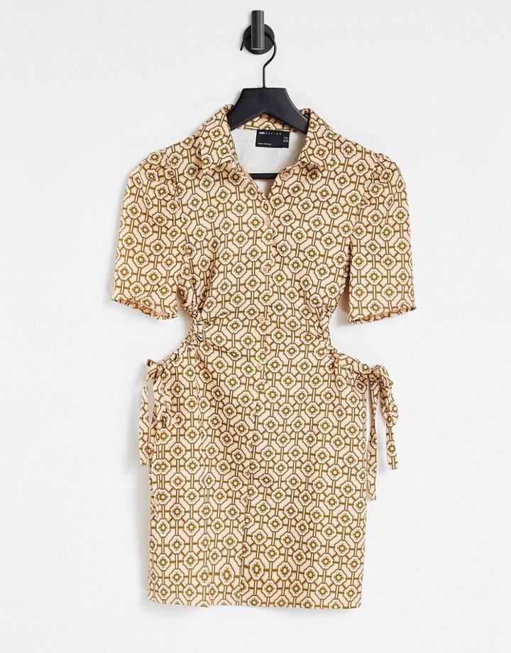 Asos Design Short Sleeve Mini Shirt Dress With Cut Outs In Tile Print-multi
