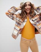 Monki Trucker Jacket In Brown Check Print - Orange