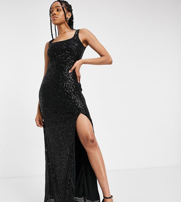 Club L London Tall Sequin Maxi Dress With Thigh Slit In Black