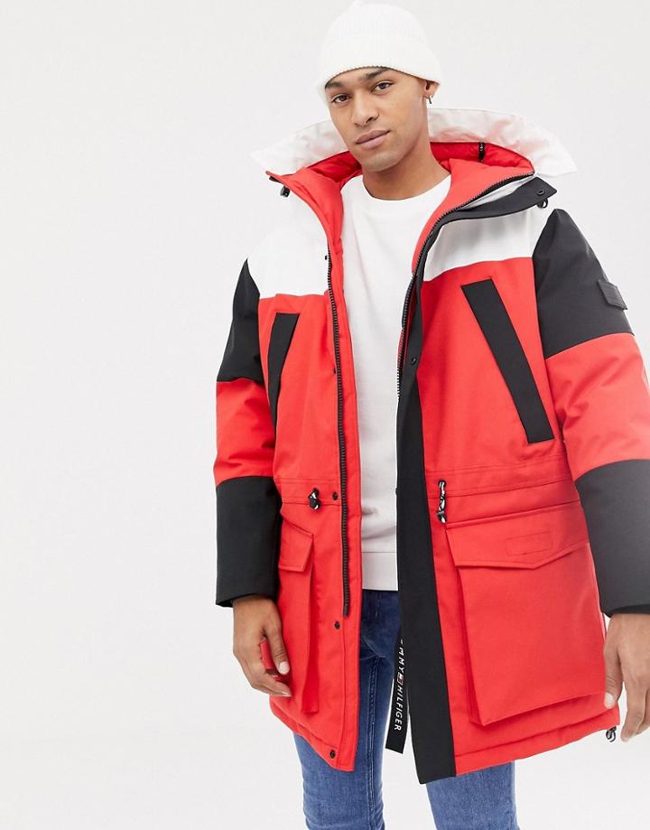 Tommy Hilfiger Color Block Arctic Parka Jacket Sorona Quilted Lining In Red - Red