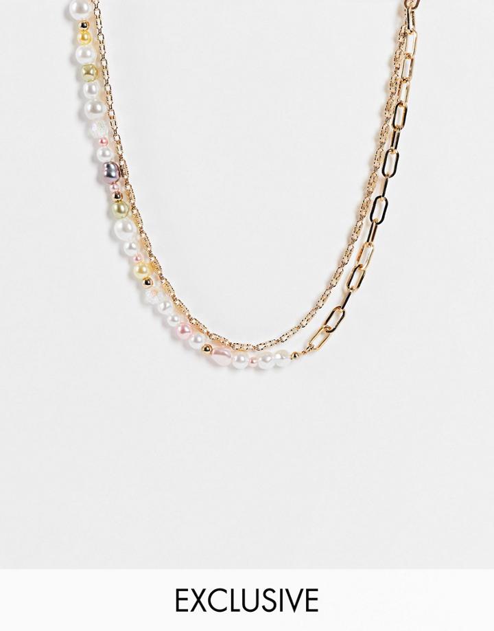 Reclaimed Vintage Inspired Multirow Necklace With Mixed Chain And Pastel Faux Pearls In Gold