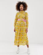 Sister Jane Belted Midi Dress With Pleated Skirt In Bright Vintage Floral - Yellow