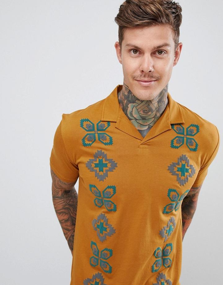 Asos Design Relaxed Polo With Geo-tribal Print And Revere Collar - Black