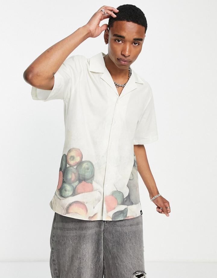 Vintage Supply Short Sleeve Revere Collared Shirt In Ecru With Fruit Bowl Placement Print-white