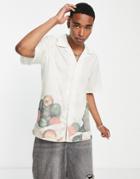 Vintage Supply Short Sleeve Revere Collared Shirt In Ecru With Fruit Bowl Placement Print-white