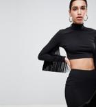 Flounce London High Neck Crop Top With Fringe Sleeve - Black