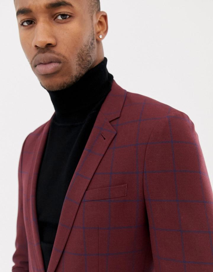 Asos Design Super Skinny Window Pane Check Blazer - Red