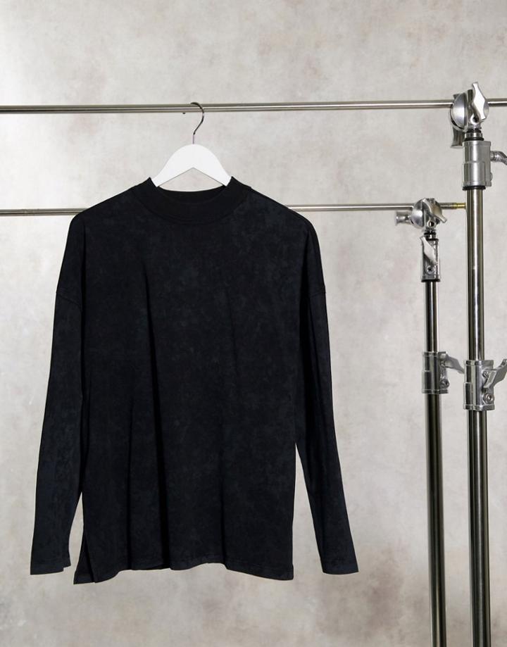 Asos Design Boxy Top With Seam Detail And Long Sleeve In Washed Black-grey