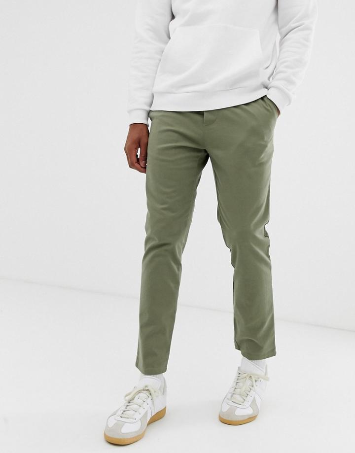 Asos Design Slim Chinos With Elastic Waist In Light Khaki - Green