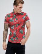Asos Stretch Slim Shirt With Floral Print In Burgundy - Red