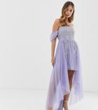 Dolly & Delicious Petite Off Shoulder Mini Embellished Prom Dress With Train Detail In Lilac-purple