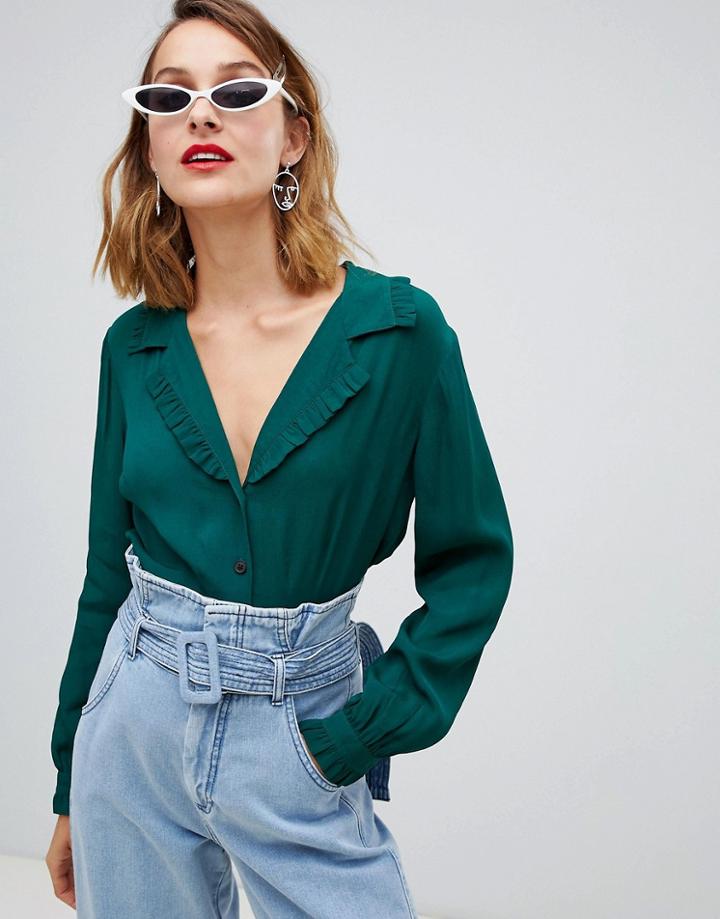 Asos Design Long Sleeve Waisted Tea Blouse With Collar Detail-purple