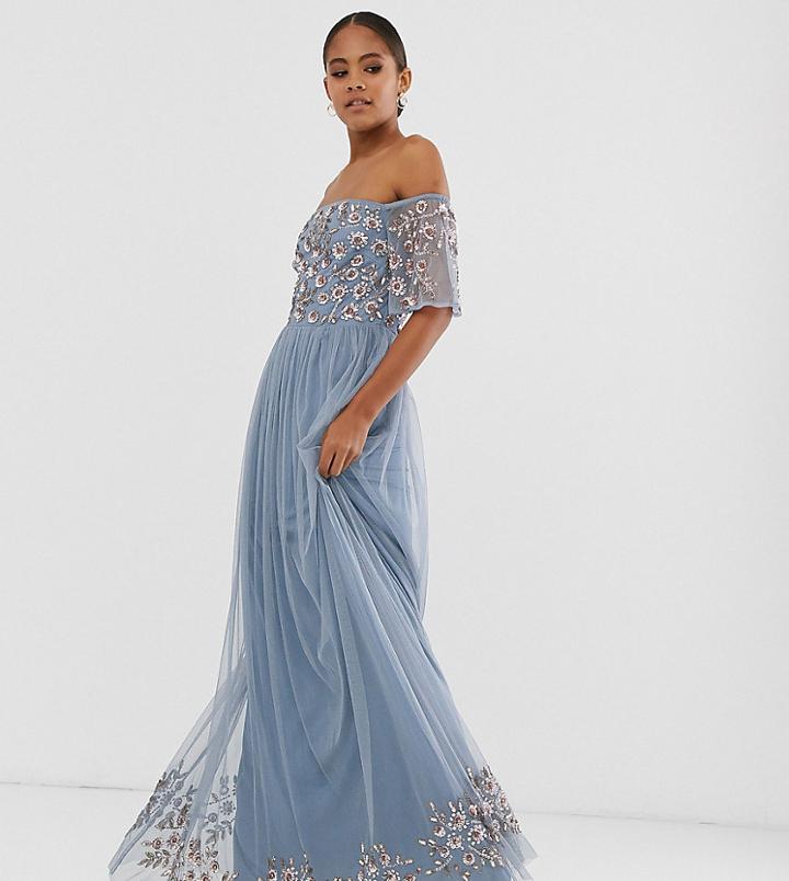 Maya Tall Embellished Bodice Bardot Maxi Dress In Dusty Blue