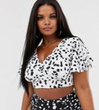 Asos Design Curve Mix And Match Recycled Flutter Sleeve Bikini Top In White Dalmatian Spot - Multi