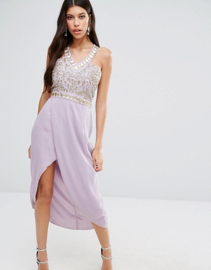Virgos Lounge Crystal Embroidered Bodice Midi Dress - Purple
