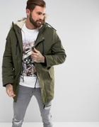 New Look Parka With Fur Lined Hood In Khaki - Green