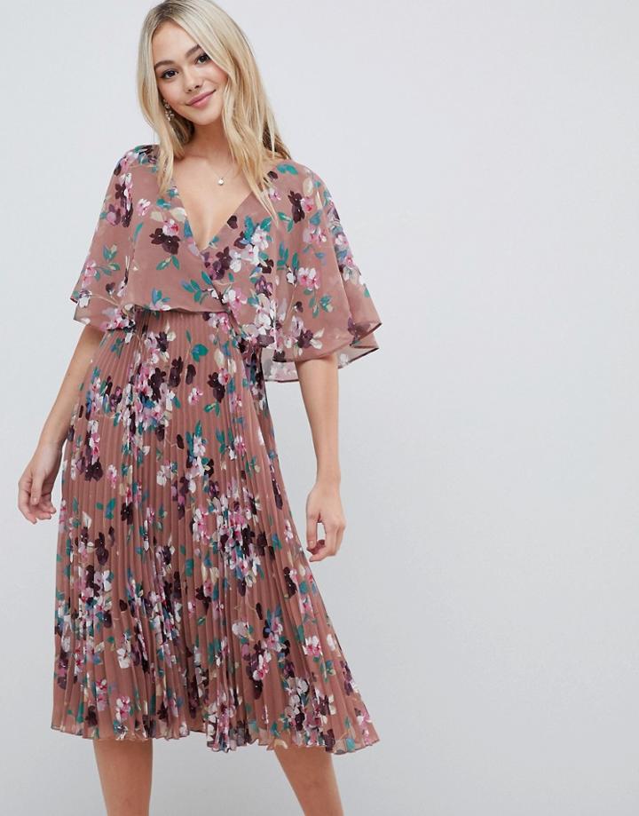Asos Design Flutter Sleeve Midi Dress With Pleat Skirt In Floral Print