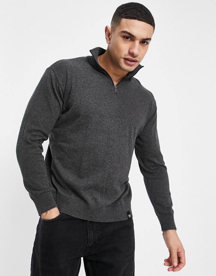 Pull & Bear Knit Sweater With Half Zip In Gray