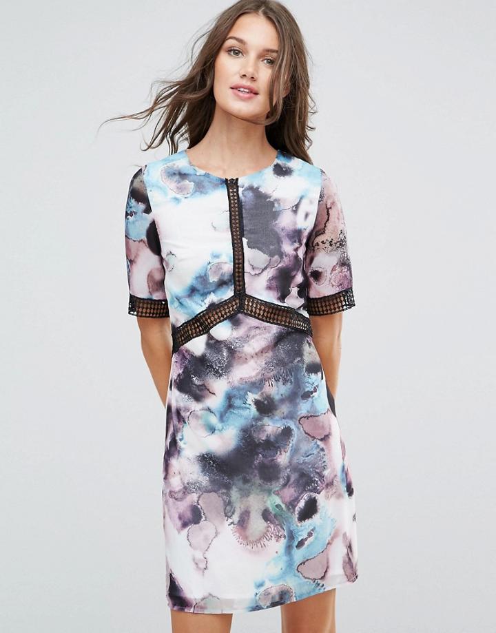 Little Mistress Oil Print Shift Dress With Lace Trim - Black