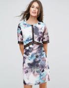 Little Mistress Oil Print Shift Dress With Lace Trim - Black