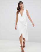Asos Design Sleeveless Drape Fold Neck Midi Dress In Crepe - Cream