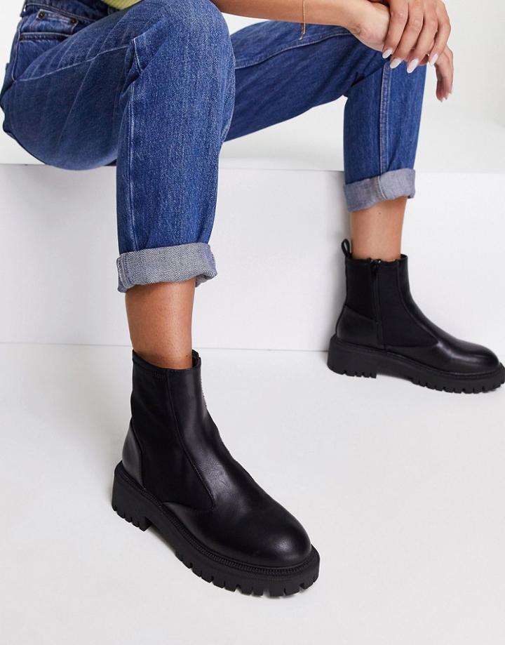 London Rebel Chunky Pull On Ankle Boots In Black