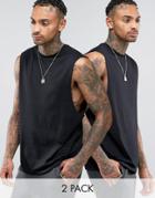 Asos 2 Pack Sleeveless T-shirt With Dropped Armhole In Black Save - Mu