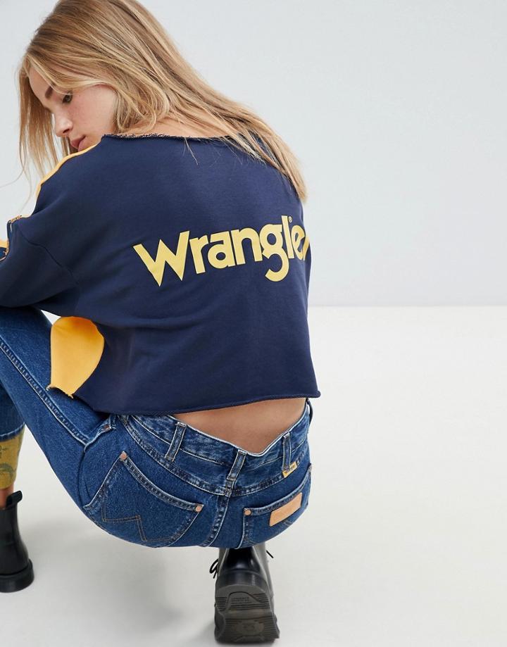 Wrangler Blue & Yellow Raw Cropped Sweatshirt With Horse Logo & Taping - Yellow