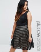 New Look Plus Plunge Mesh Stripe Skater Dress - Black