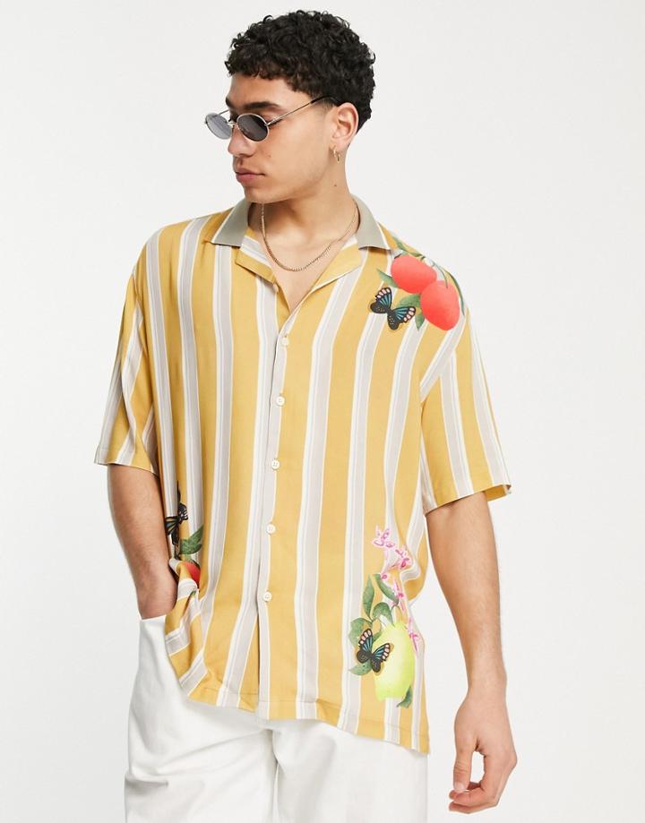 Bershka Striped Shirt With Fruit Print In Mustard-yellow