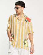 Bershka Striped Shirt With Fruit Print In Mustard-yellow