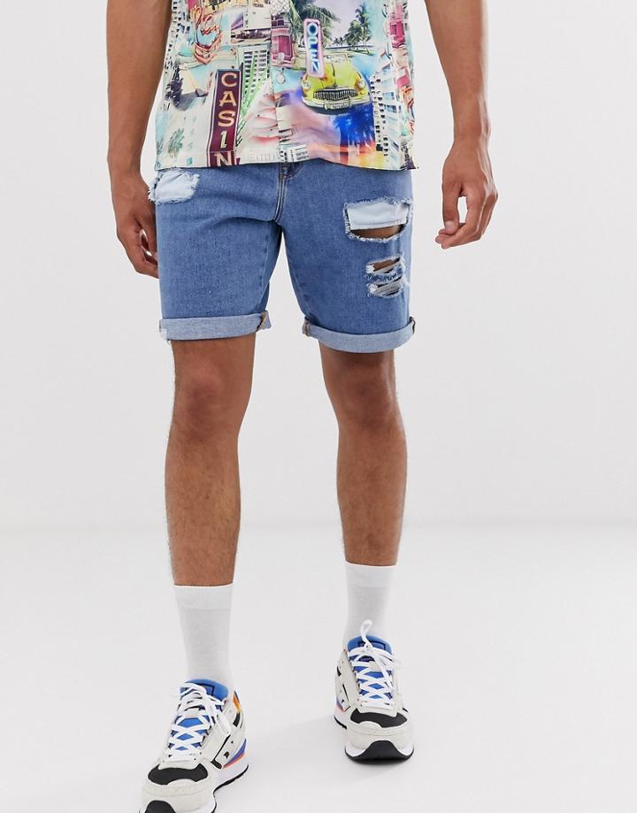 Asos Design Denim Shorts In Mid Wash Blue With Rips-multi