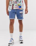 Asos Design Denim Shorts In Mid Wash Blue With Rips-multi