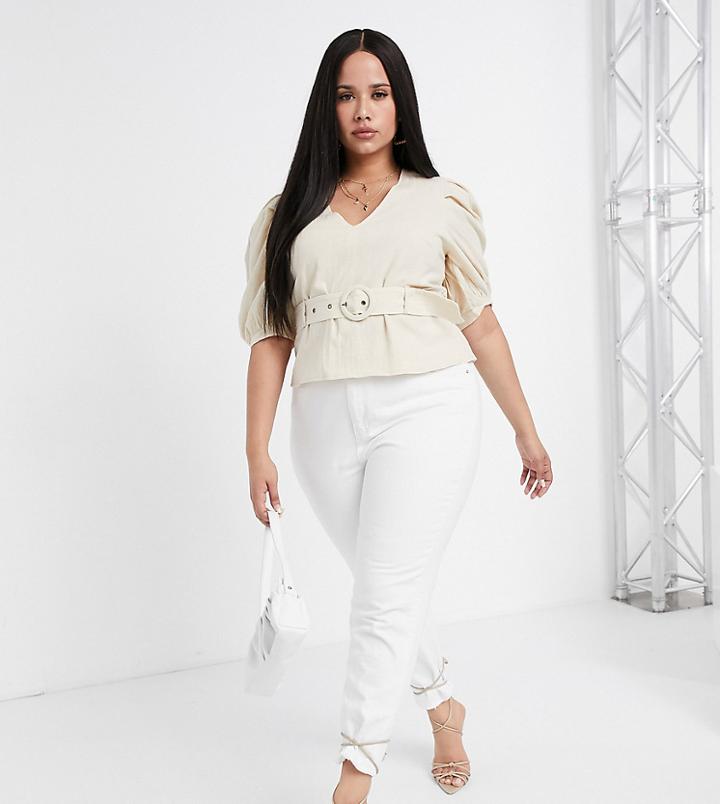 Saint Genies Plus Puff Sleeve Top With Belt In Cream-white