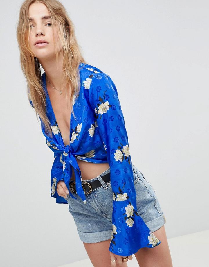 Asos Design Tie Front Top In Jacquard Floral Print - Multi