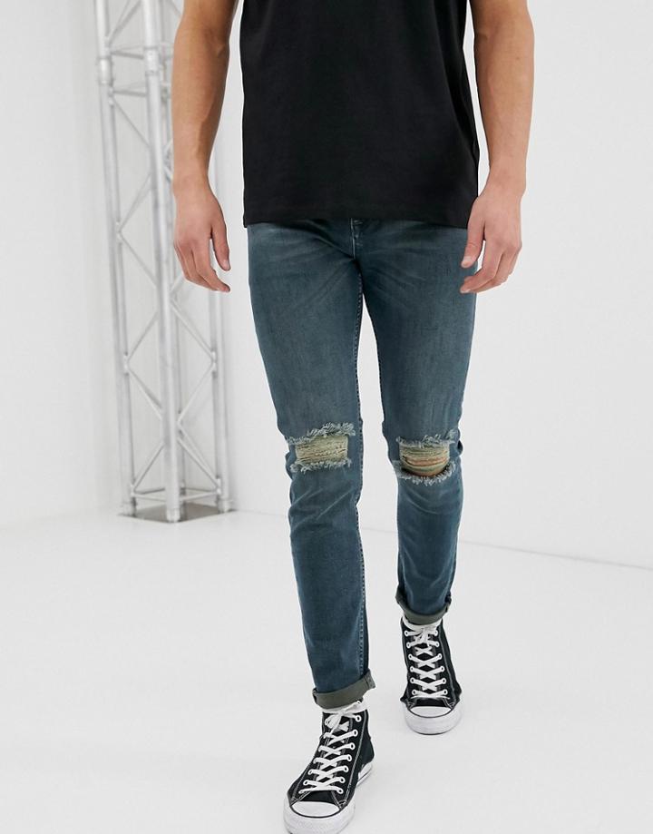 Asos Design Skinny Jeans In Green Cast With Knee Rips - Blue