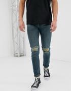 Asos Design Skinny Jeans In Green Cast With Knee Rips - Blue