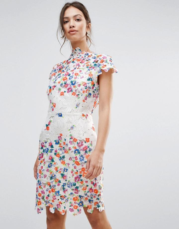 Amy Lynn Lace Pencil Dress With Open Back And 3d Floral Applique - White