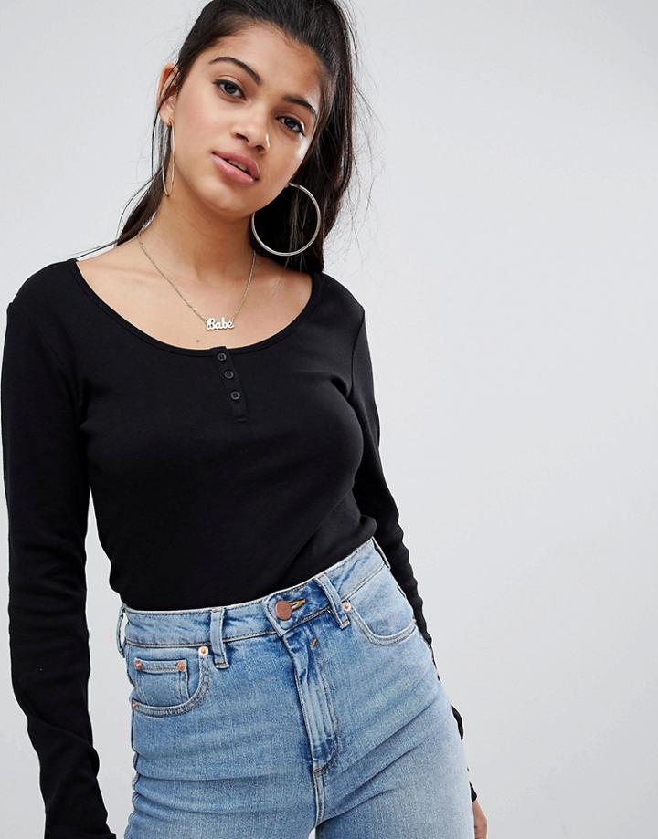Asos Design Long Sleeve T-shirt With Button Front In Black