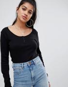 Asos Design Long Sleeve T-shirt With Button Front In Black