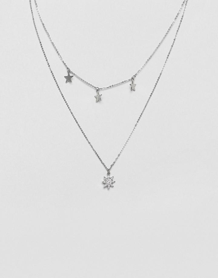 Nylon Multi Layered Row Of Star Necklaces - Silver