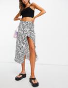 Miss Selfridge Wrap Midi Skirt In Abstract Animal Print-white